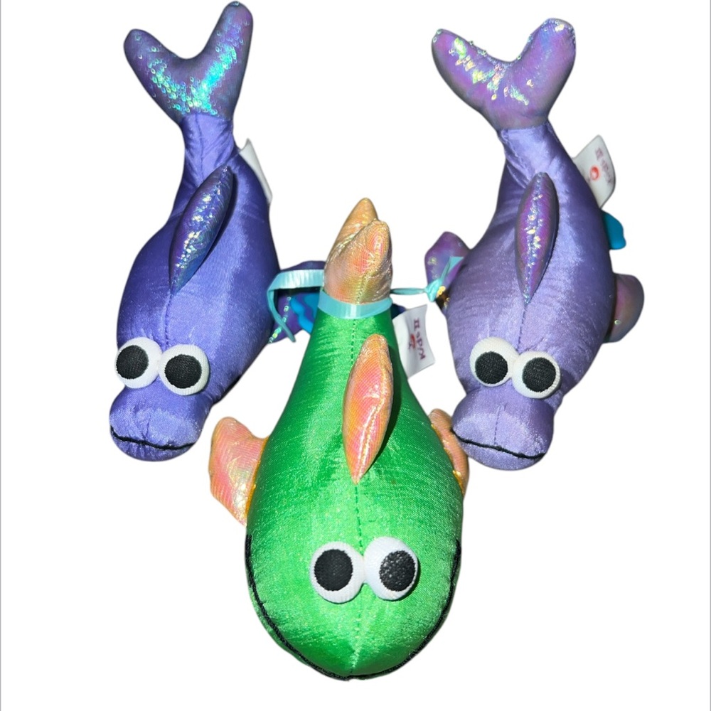 Kids II Nylon Purple green Iridescent Pull And Go Dolphin Plush Toys set of 3